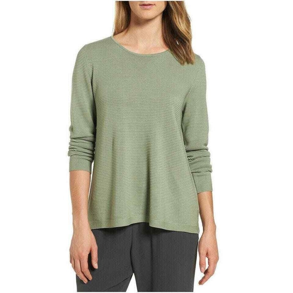 Eileen Fisher Womens Sweater XXS Sea Green Ribbed Knit Boxy Crew Neck Pullover